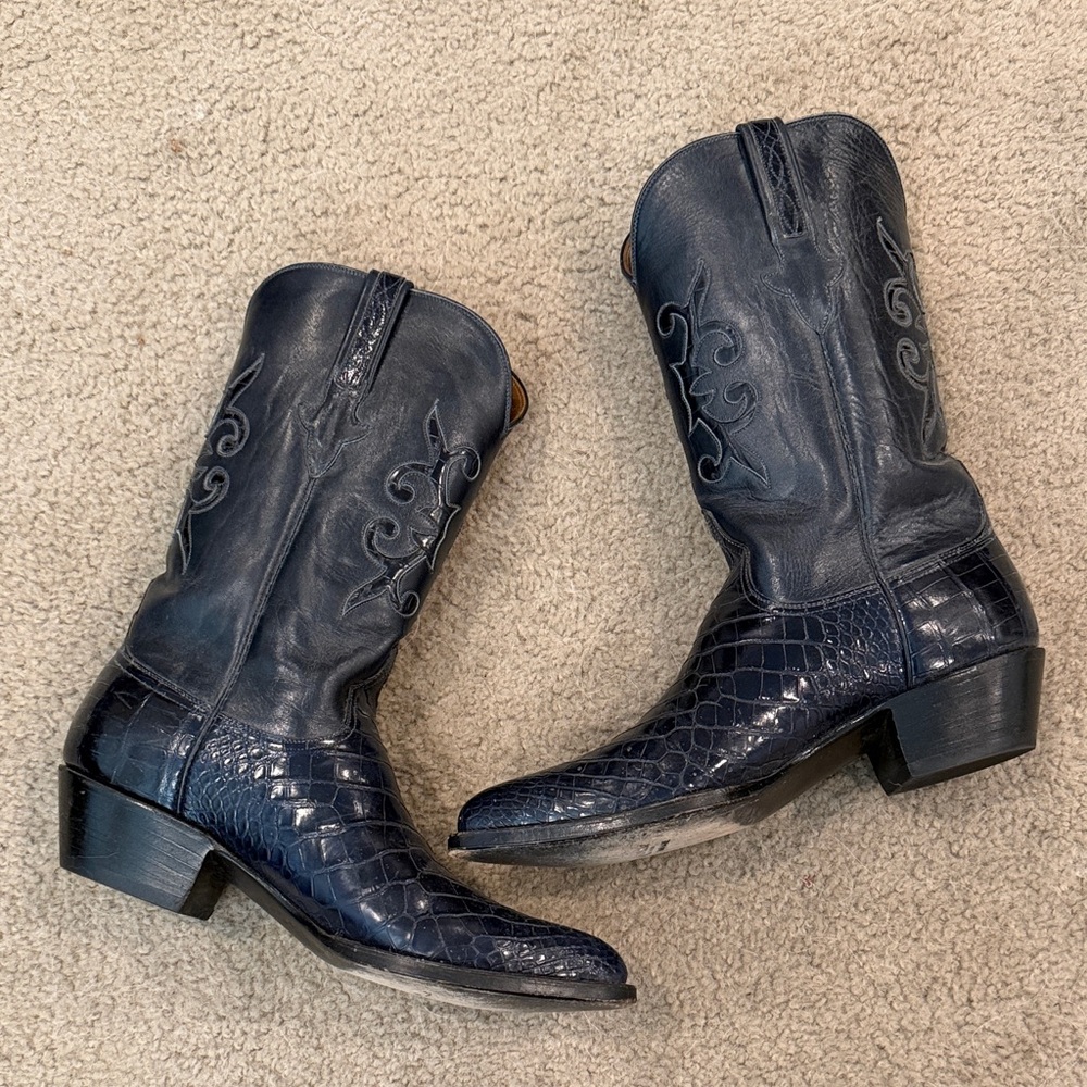 Lucchese Navy Embossed Cowboy Boots